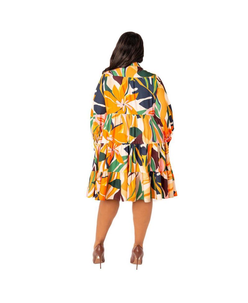 Plus Size Floral Long Sleeve Tiered Shirt Dress