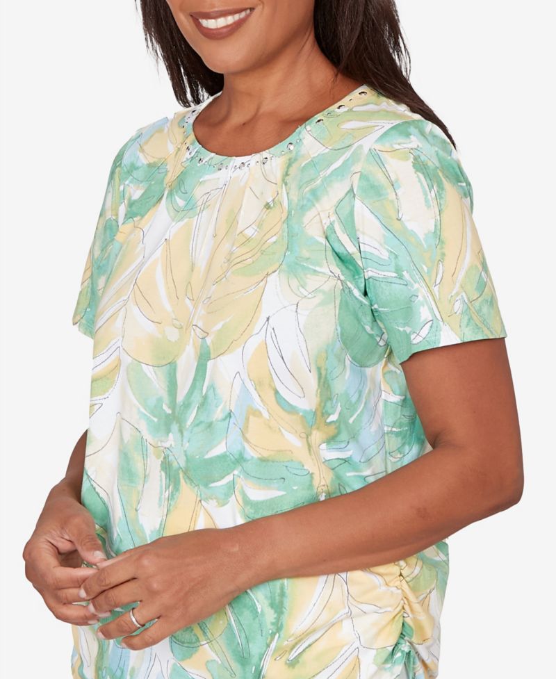Petite Tropical Leaf Beaded Neck Ruched Top