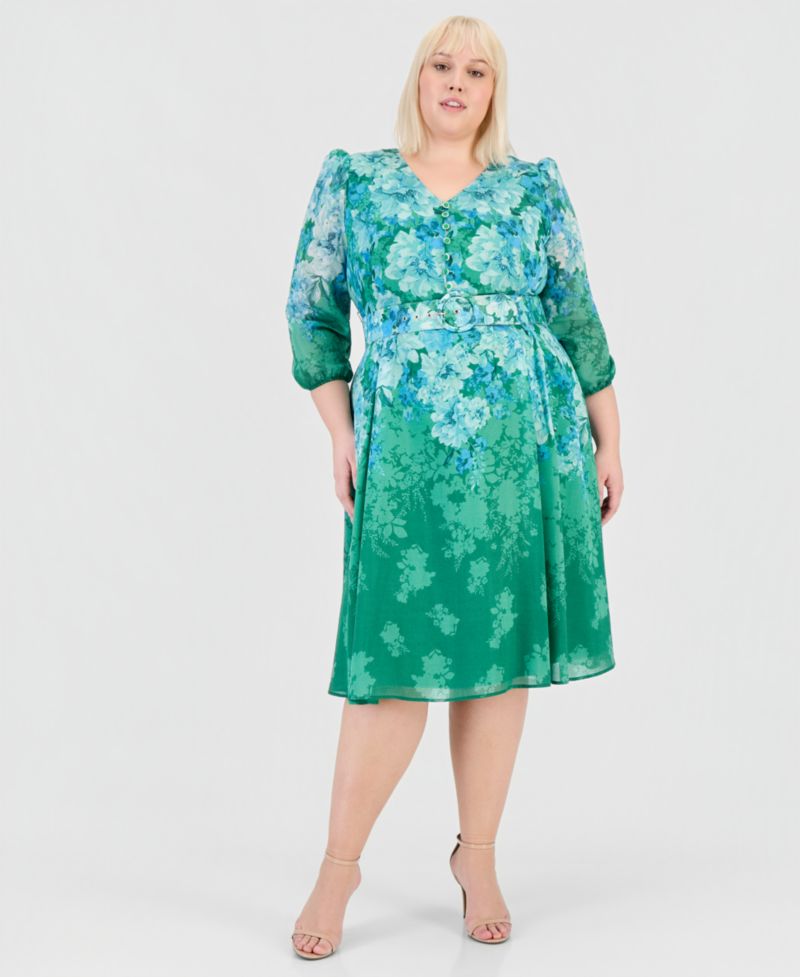 Petite Printed Long-Sleeve Belted Dress