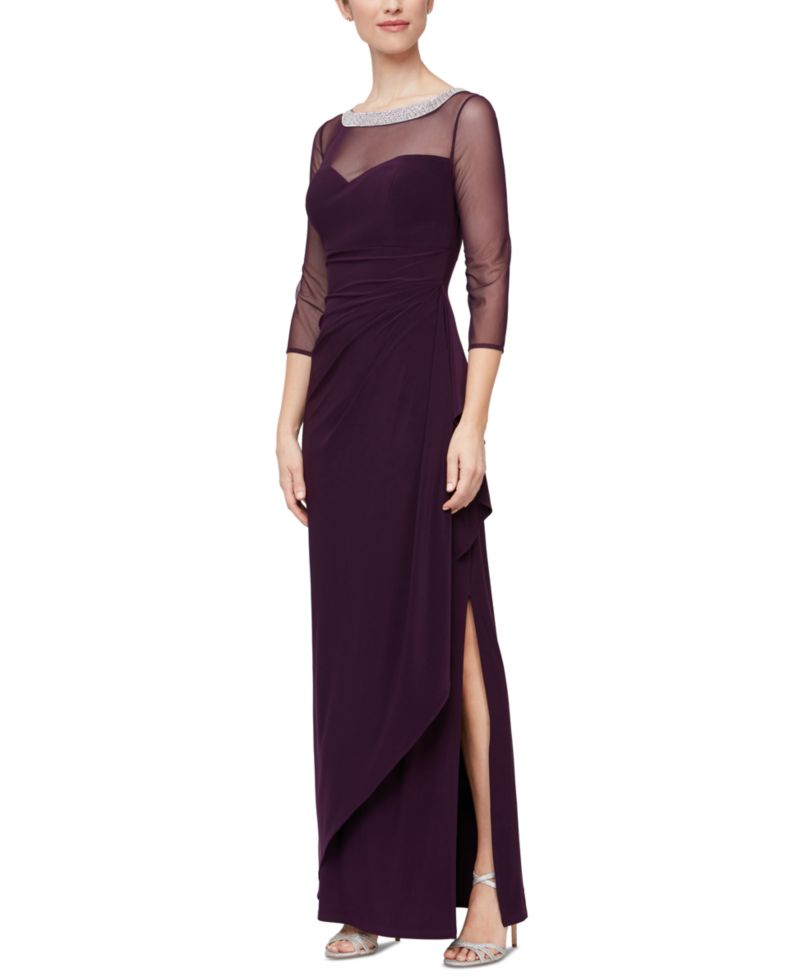 Petite Embellished-Neck Side-Ruched Illusion Dress