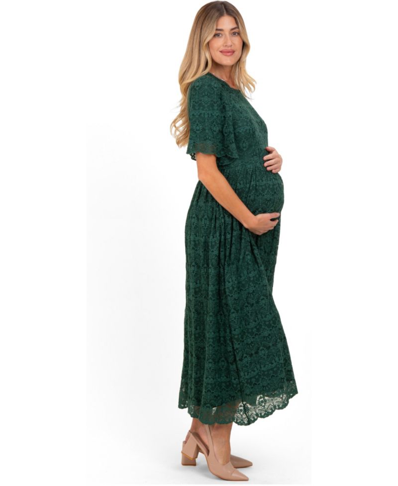 Maternity Floral Flutter-Sleeve Midi Lace Dress