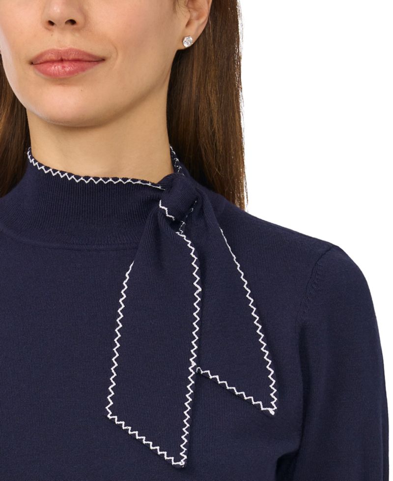Women's Short-Sleeve Mock-Neck Scarf-Tie-Neck Sweater