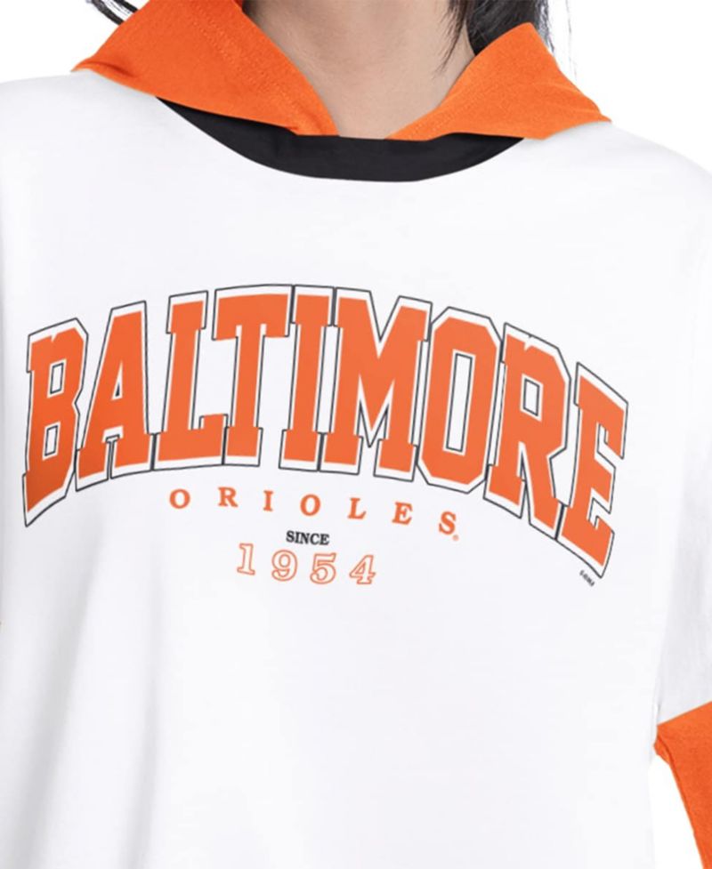 Women's White/Orange Baltimore Orioles Key Player Oversized Hooded Long Sleeve T-Shirt