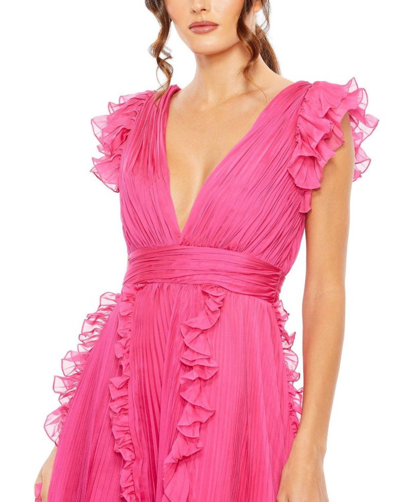 Women's Pleated Ruffle Cap Sleeve Flowy A Line Gown