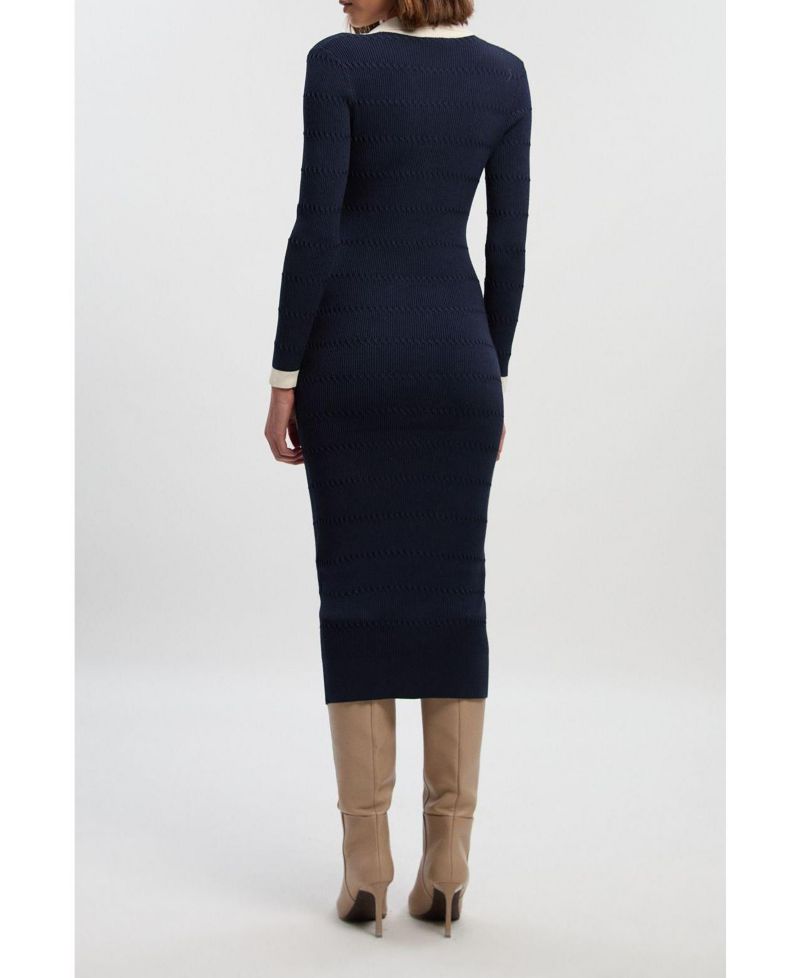 Women's Rib Contrast Button Knit Midi Dress