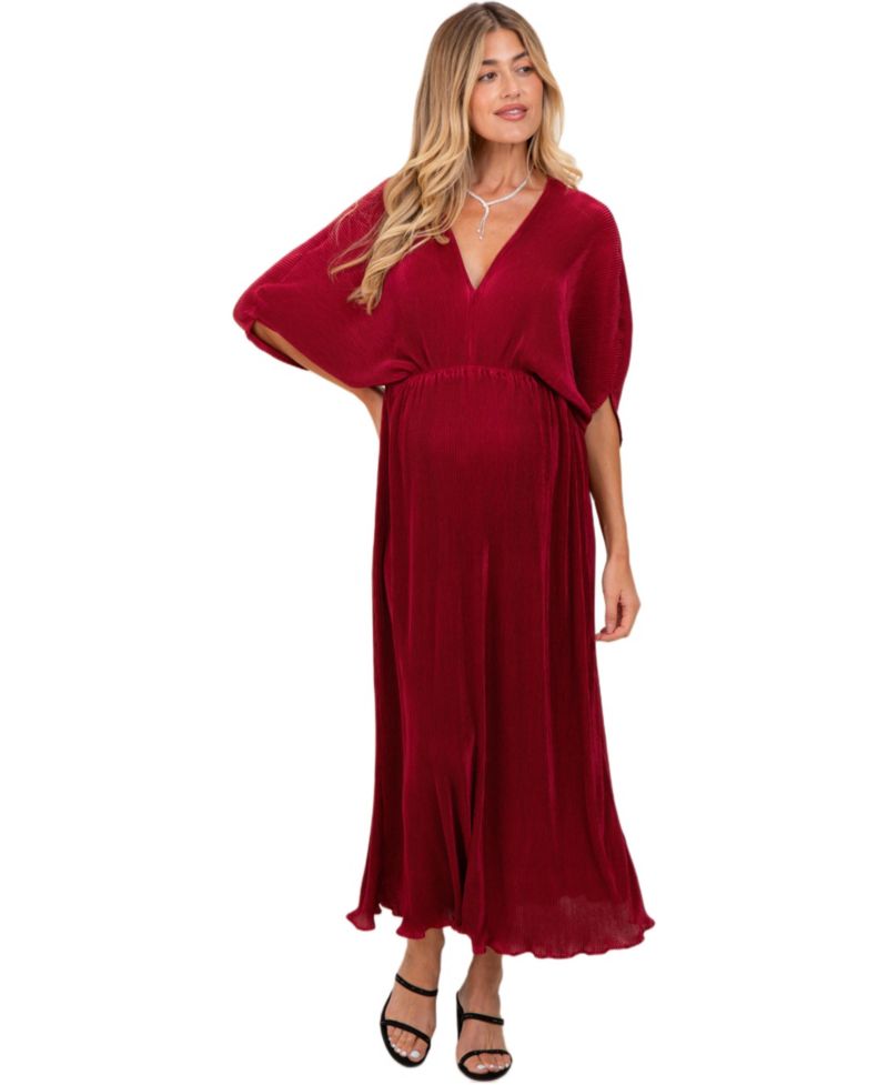 Women's Burgundy Pleated Satin Dolman Sleeve Maxi Dress