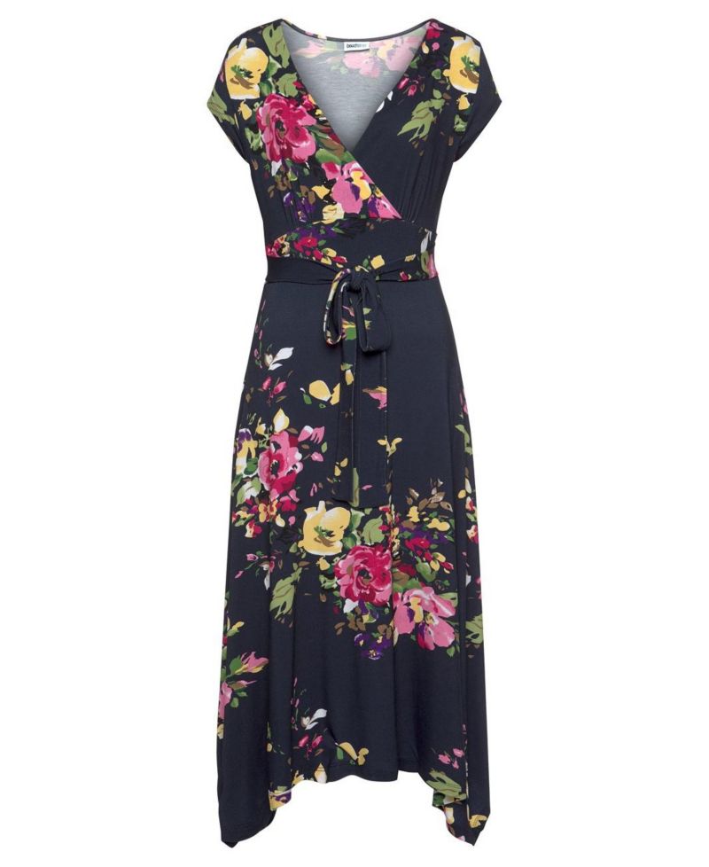 Women's Viscose Printed Handkerchief Hem Style V-Neck Midi Dress