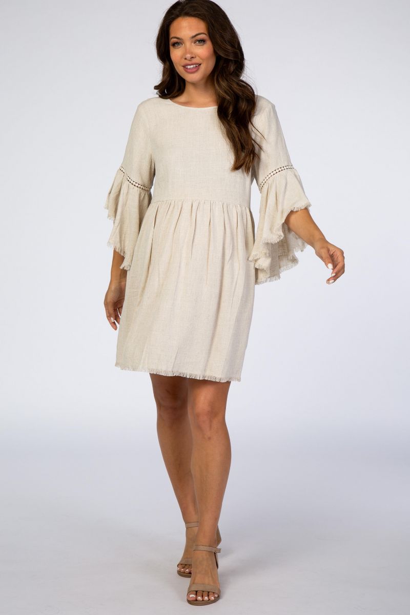 Women's Beige Raw Edge Bell Sleeve Babydoll Dress