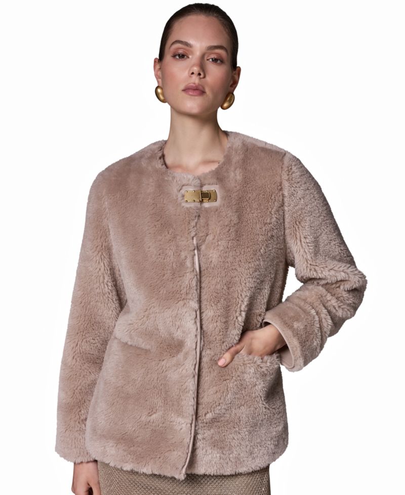 Women's Collarless Buckled Leather Coat