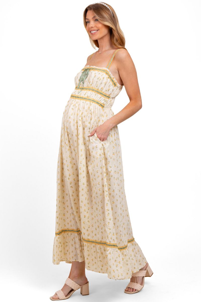 Women's Yellow Floral Ribbon Detail Sleeveless Maxi Dress