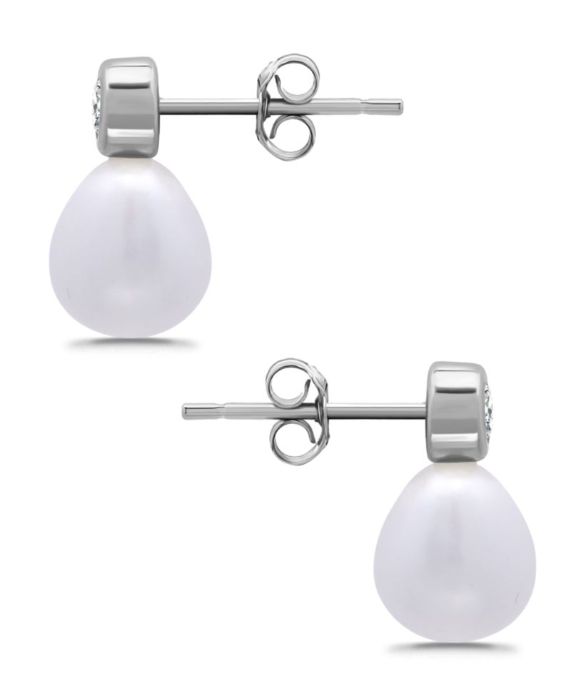 Teardrop Freshwater Cultured Pearl Cubic Zirconia Bezel Set Post Earrings