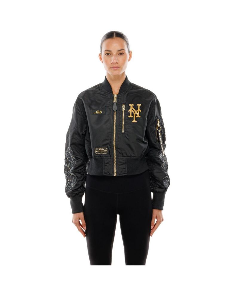 X Alpha Industries Women's Black New York Mets Cropped Full-Zip Jacket
