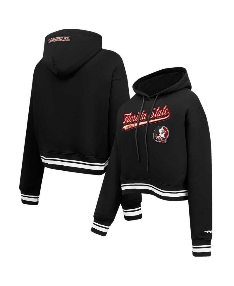 Women's Black Florida State Seminoles Script Tail Fleece Cropped Pullover Hoodie