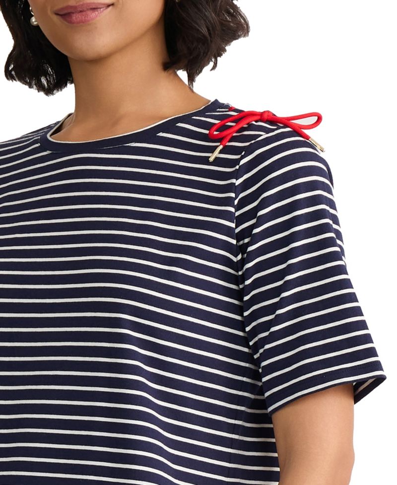Women's Short Sleeve Striped Shoulder Tie Detail Top