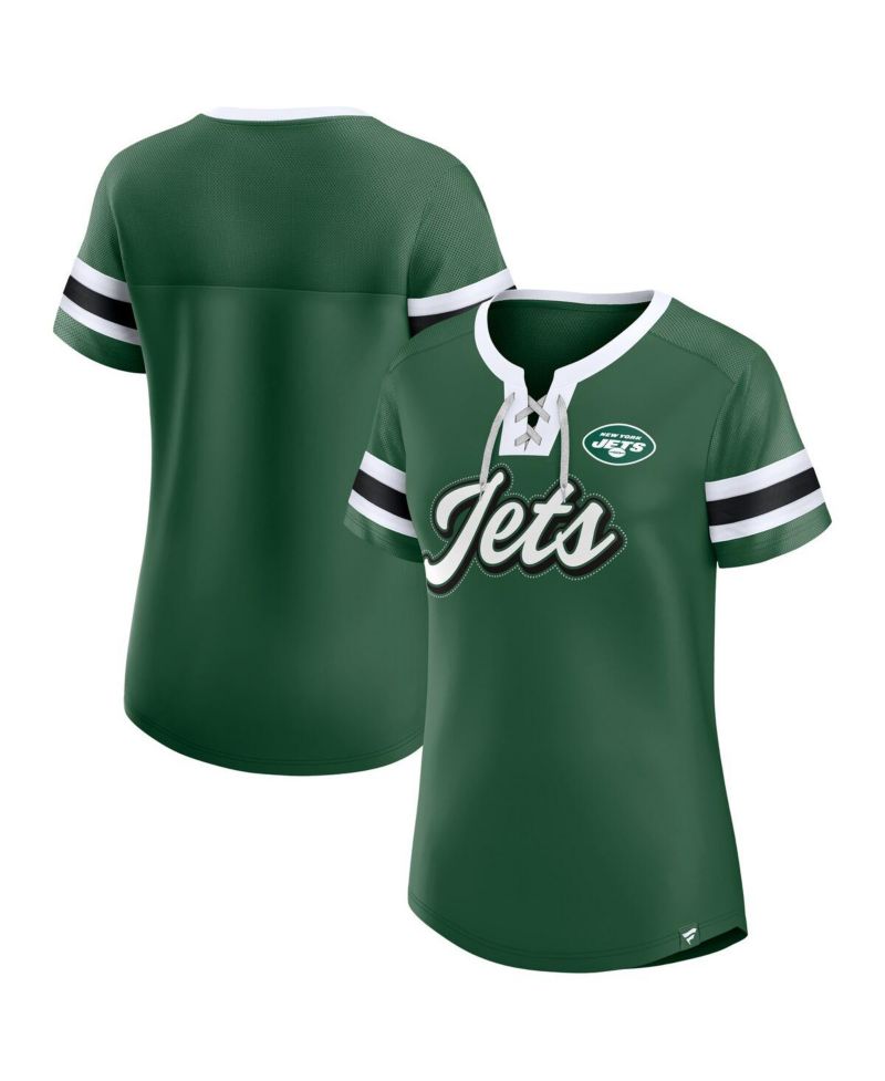 Women's Green New York Jets True Catch Iconic Rhinestone Bling Athena Lace-Up T-Shirt