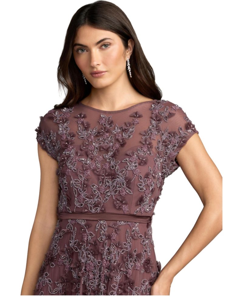 Women's Floral-Embellished A-Line Cap-Sleeve Gown