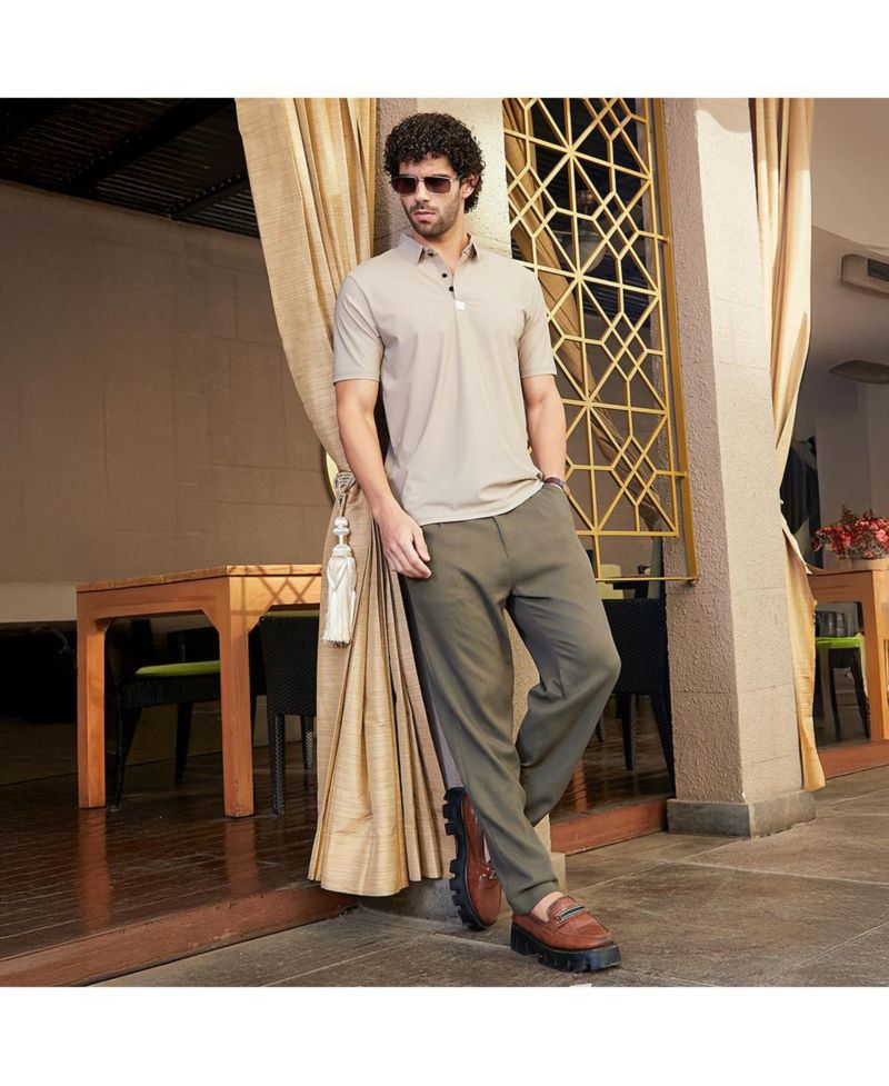 Men's Sand Beige Seamless Waffle Polo T-Shirt