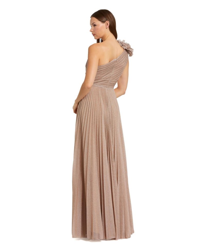 Petite Pleated Metallic One Shoulder Gown With Ruffle