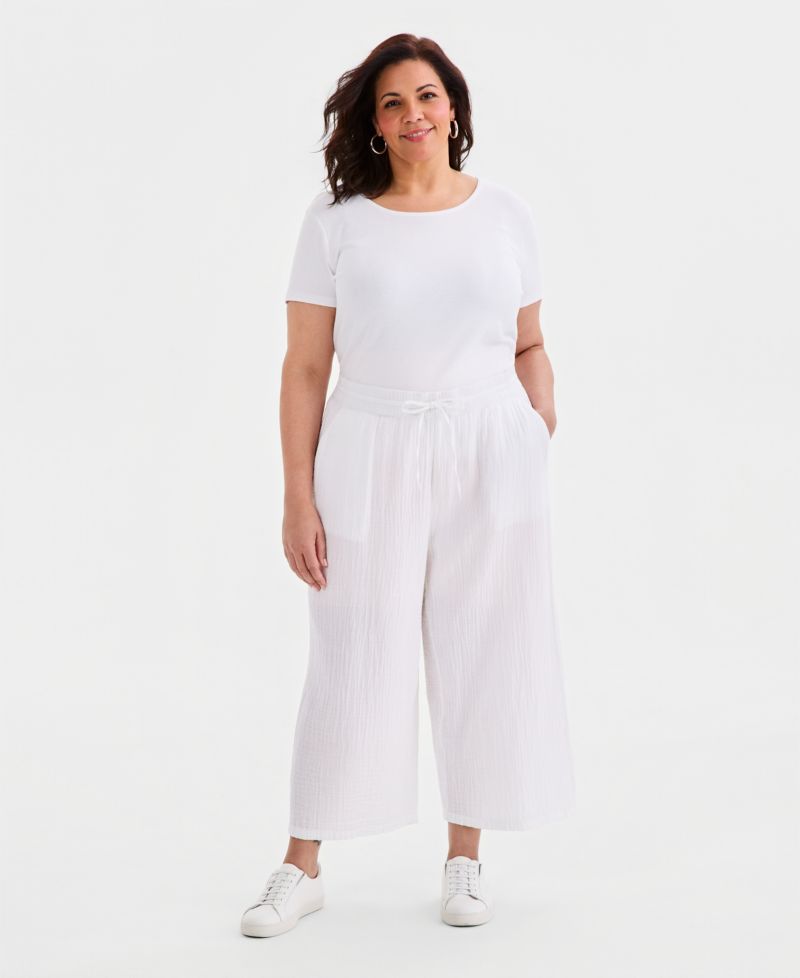 Plus Size Cotton Gauze Wide-Leg Cropped Drawstring Pants