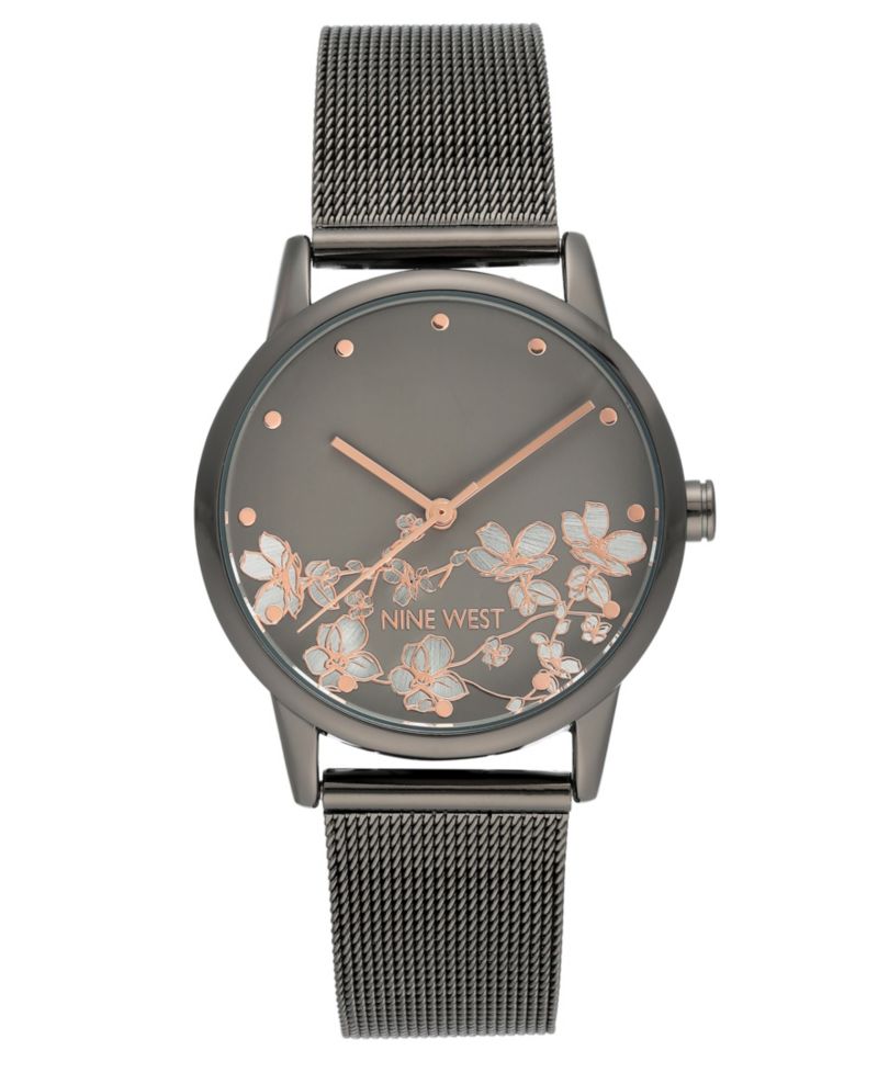 Women's Quartz Dark Gray Stainless Steel Mesh Band and Flower Pattern Watch, 35mm