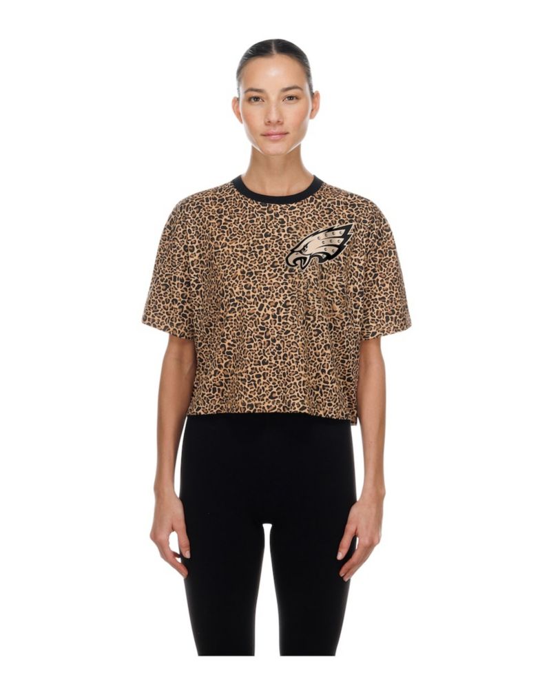Women's Brown Philadelphia Eagles Mom & Me Leopard Boxy Cropped T-Shirt