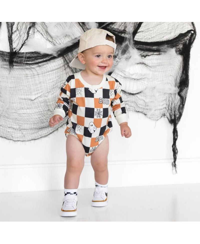Baby Boys Boo Checkered Halloween Long Sleeve Romper