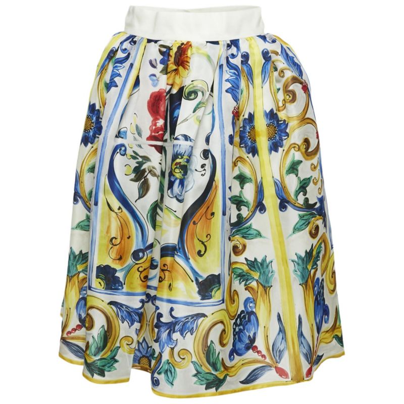 Women's Yellow/blue Majolica Print Silk Gathered Short Skirt