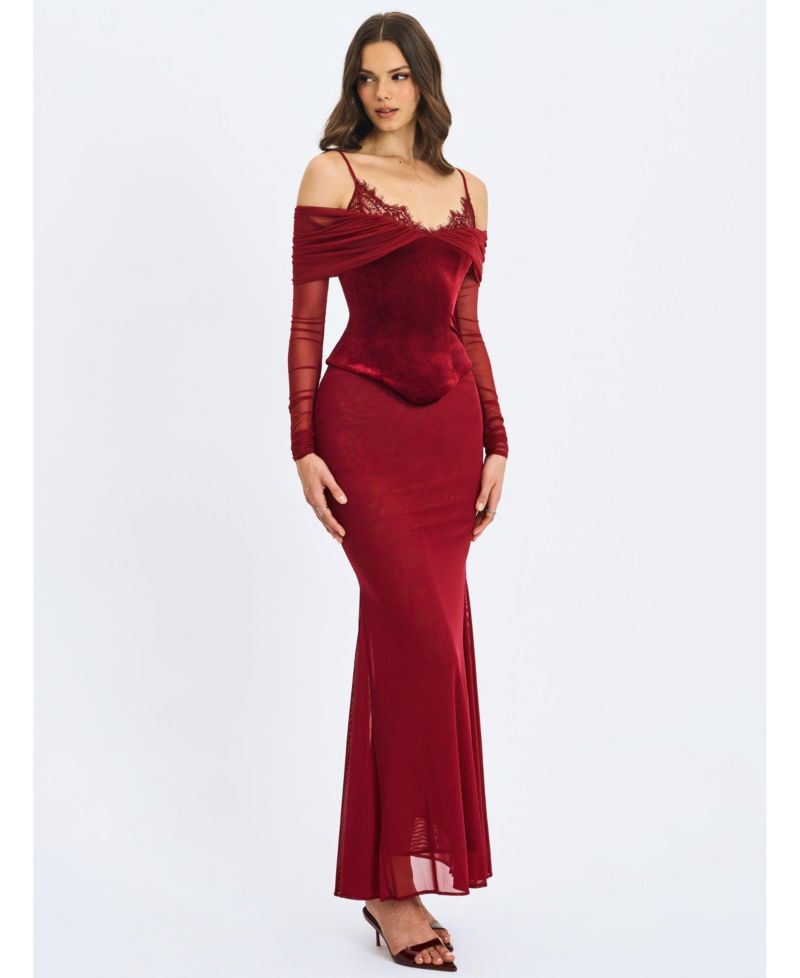 Women's Maybelle Magenta Bardot Lace Strap Peplum Maxi Dress