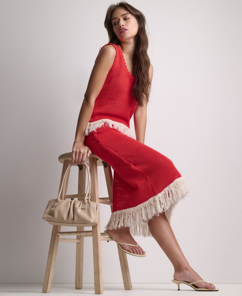 Women's Fringe Pointelle A-Line Midi Skirt