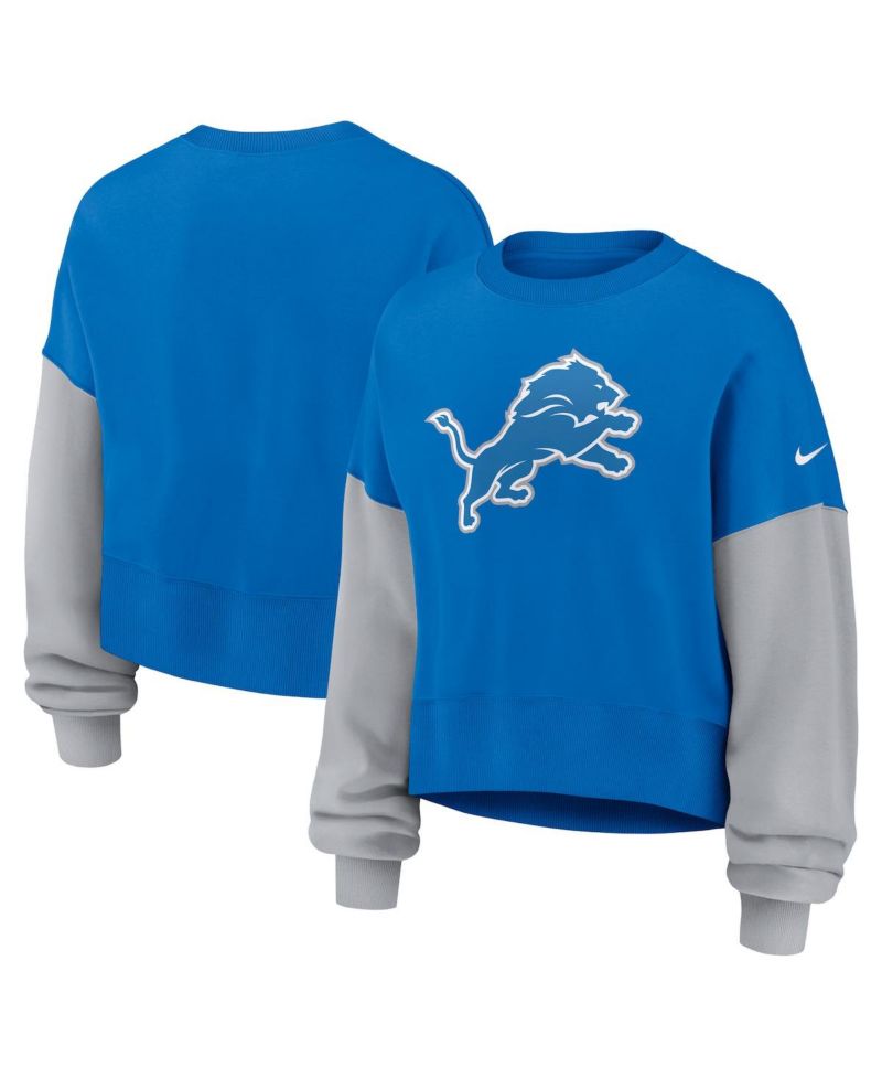 Women's Blue Detroit Lions Oversized Color Block Pullover Sweatshirt