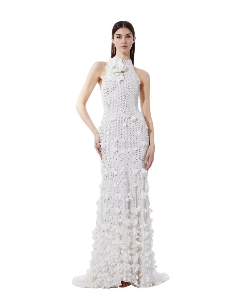 Women's Crystal Rosette Halter-Neck Maxi Dress