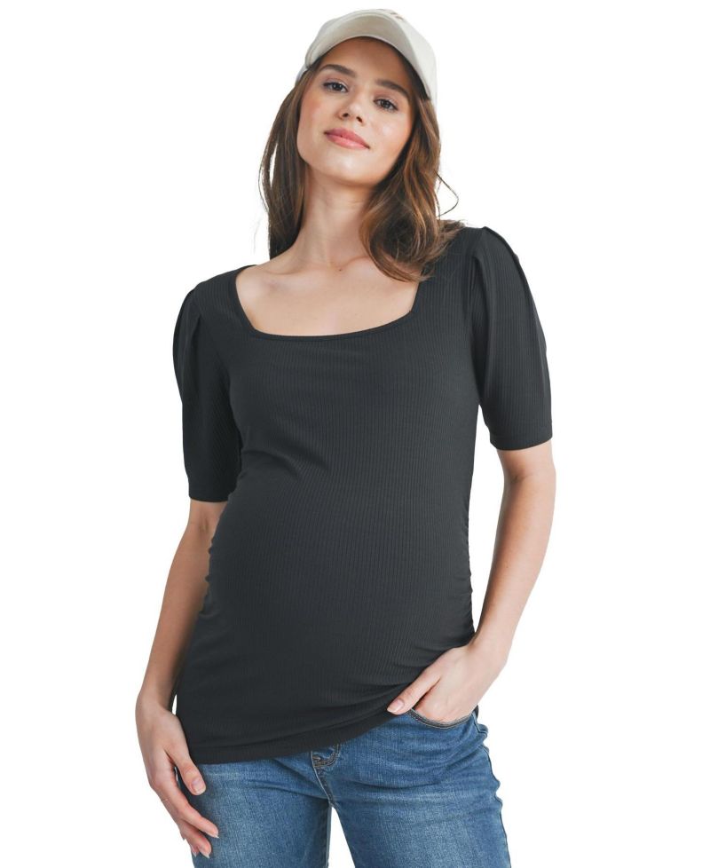 Women's Ribbed Puff Sleeve Square Neck Top