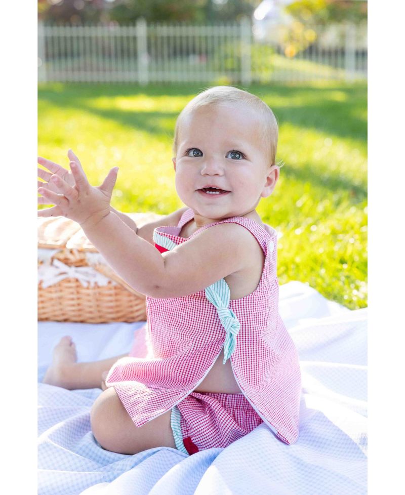 Baby Girl Check Seersucker Dress and Bloomer With Watermelon