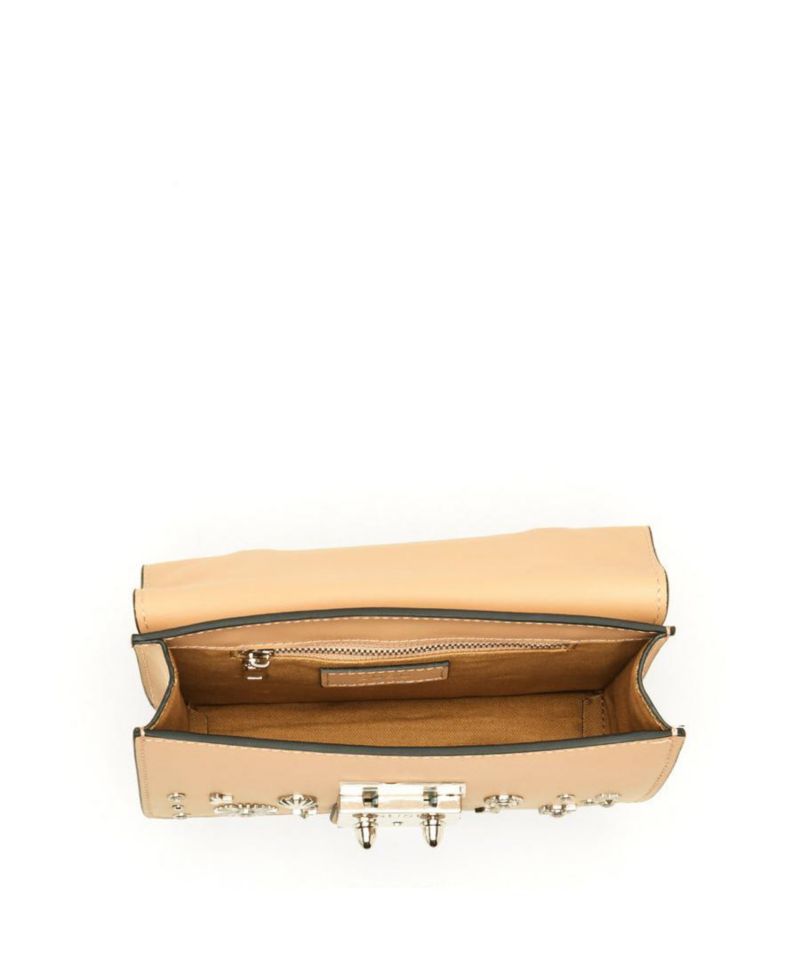 Women s Beige Studded Crossbody Bag Designer Leather Shoulder Purse with Top Handle, Structured Handbag with Silver Embellishments