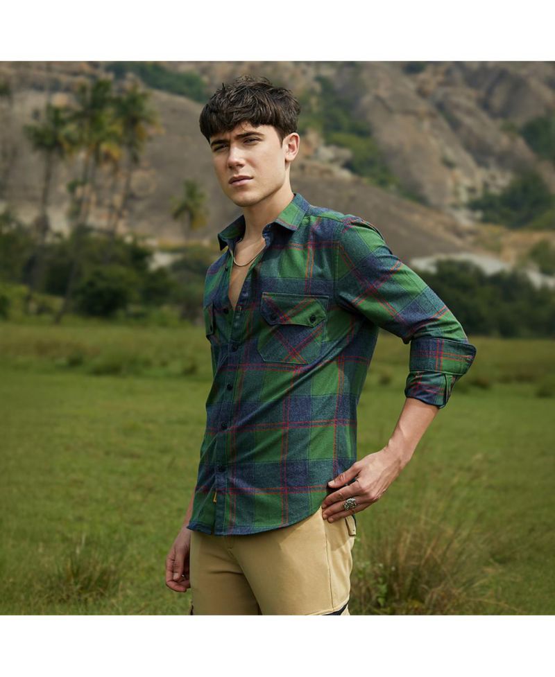 Men's Forest Green & Indigo Blue Buffalo Check Utility Shirt