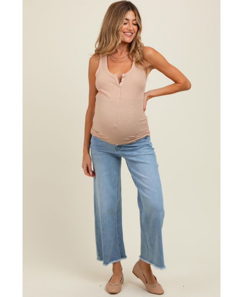 Maternity Blue Fringe Hem Ankle Wide Leg Jeans