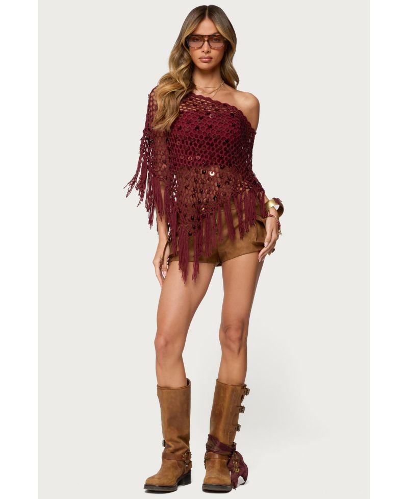 Women's Fringe Sequin Crochet Poncho