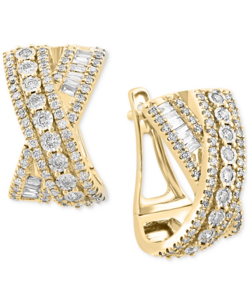 EFFY® Diamond Round & Baguette Crossover Huggie Hoop Earrings (7/8 ct. t.w.) in 14k Two-Tone Gold