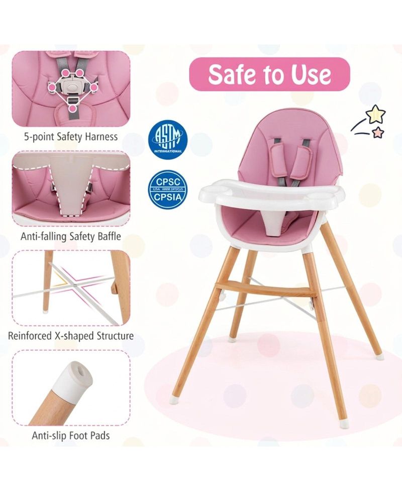 Wooden Baby High Chair with Dishwasher-Safe Tray and 5-Point Harness