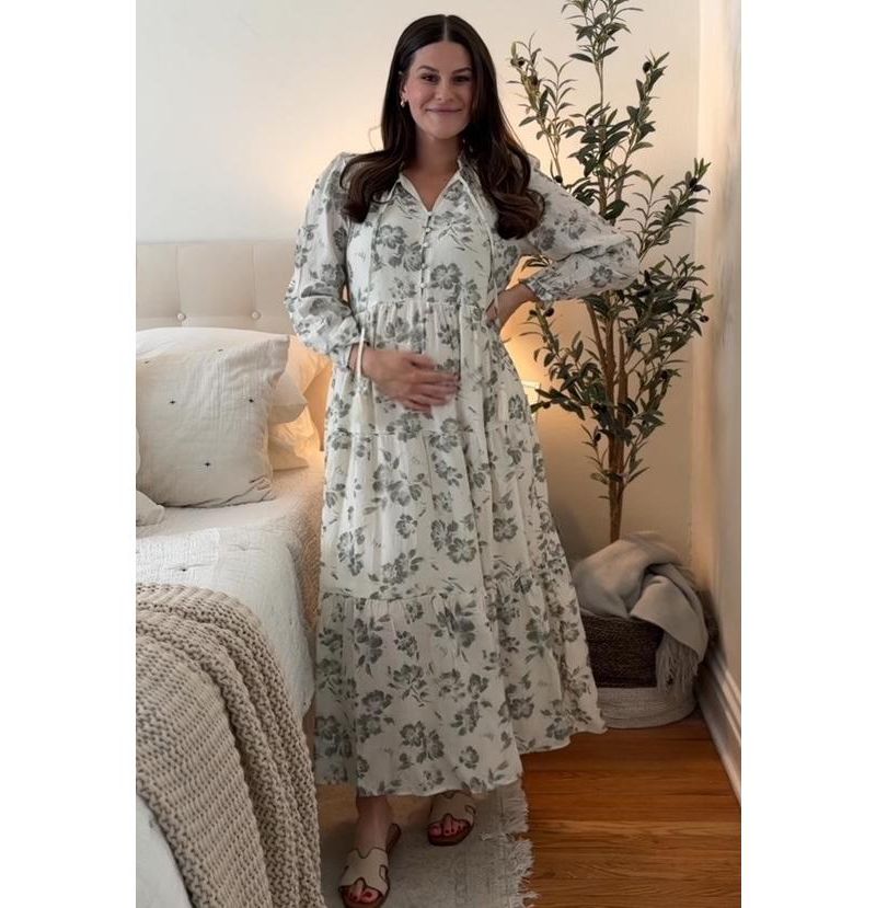 Women's Black Floral Button Front Tiered Long Sleeve Maxi Dress