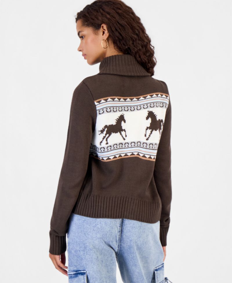 Juniors' Double-Zip Collared Horse Motif Sweater