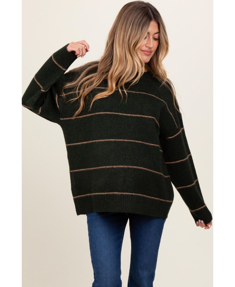 Women's Olive Striped Drop Shoulder Sweater