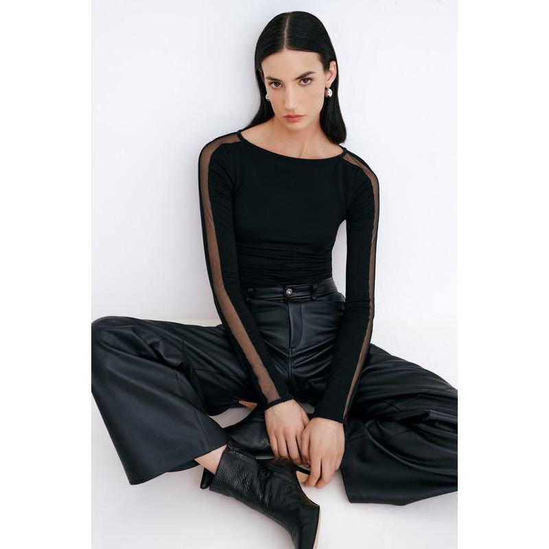 Women's Illa Boat-Neck Fitted Jersey Top with Sheer Mesh Sleeves