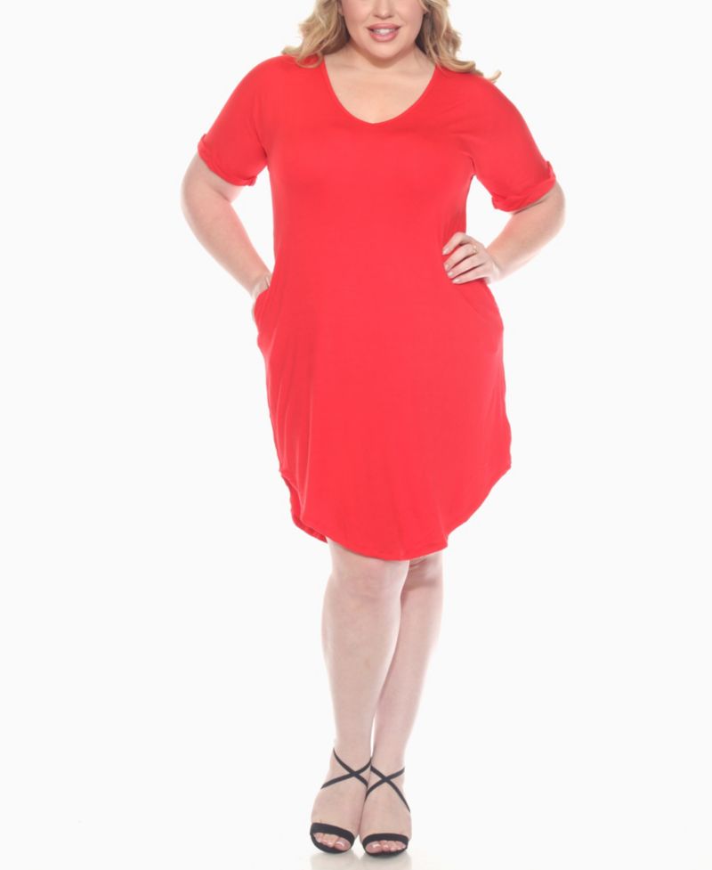 Plus Size V-Neck Folded Sleeves and Pockets Knee-Length Dress