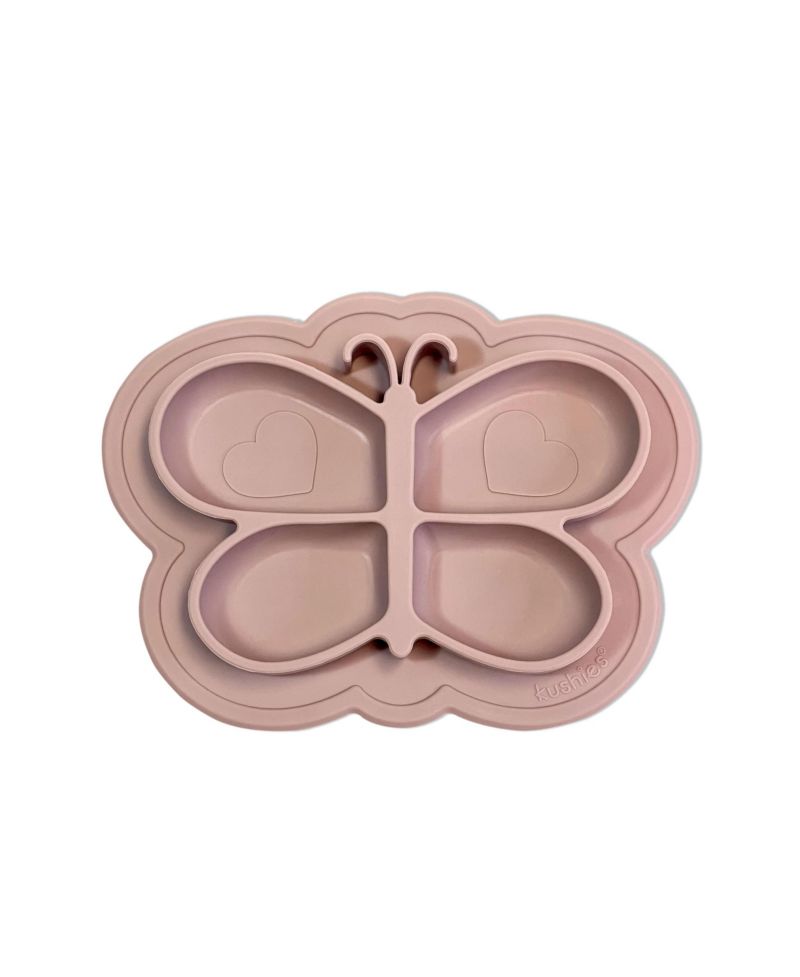 Silicone Divided Suction Plate, Unbreakable, Microwave Safe, Pink Butterfly