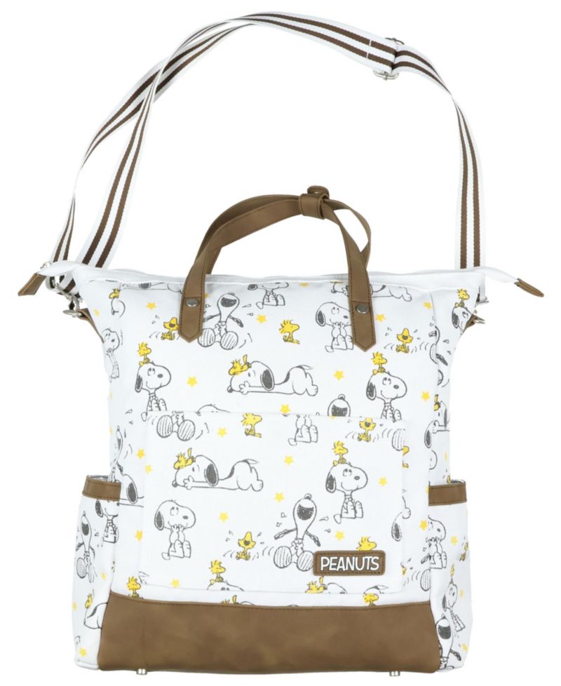 Convertible Totepack Snoopy and Woodstock Backpack with Carrying Handles and Shoulder Strap Faux Leather Bottom Bag 16"