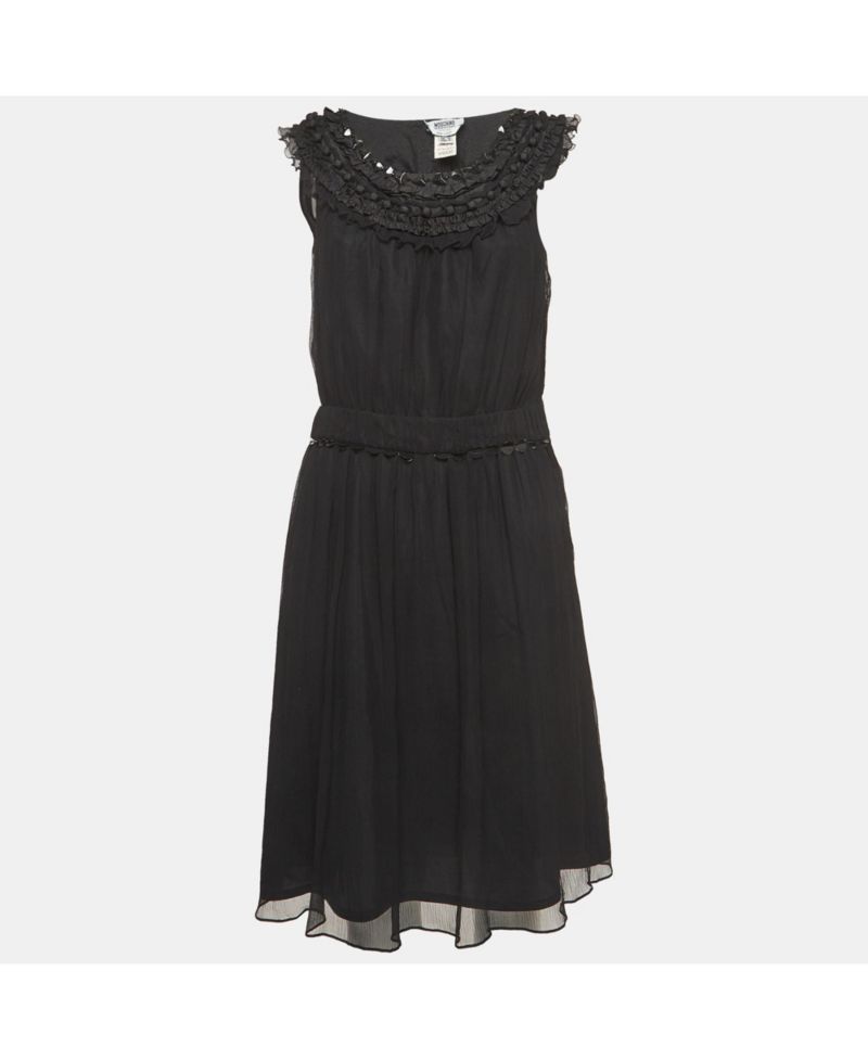 Women's Cheap and Chic Vintage Black Silk Midi Dress with Metal Embellished Neck