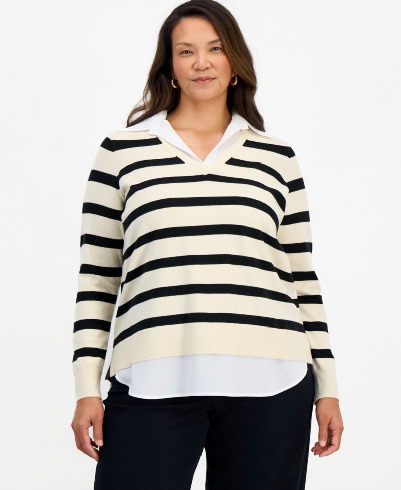Petite Two-Fer Striped V-Neck Sweater