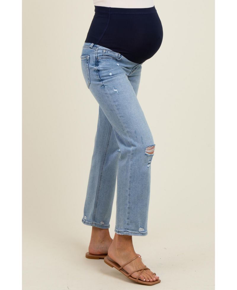 Women's Light Blue Distressed Open Knee Ankle Straight Leg Jeans