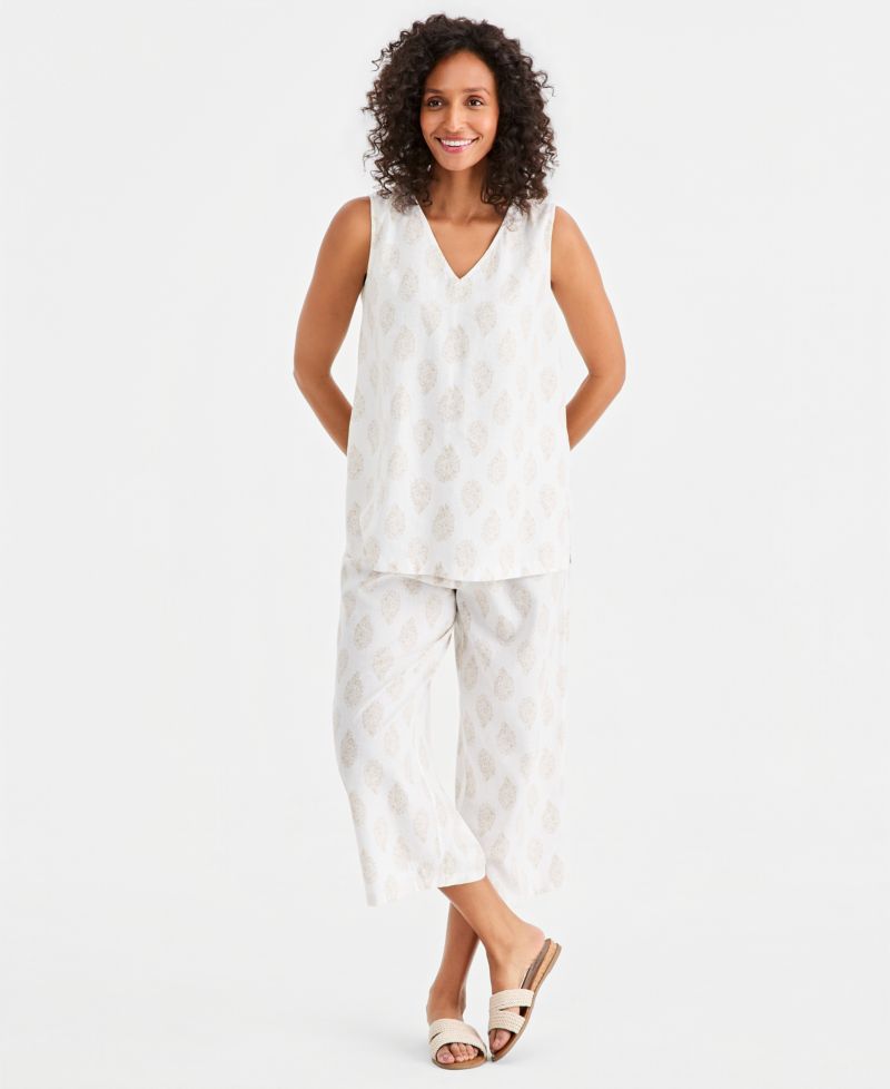 Women's Printed Sleeveless Linen V-Neck Tunic